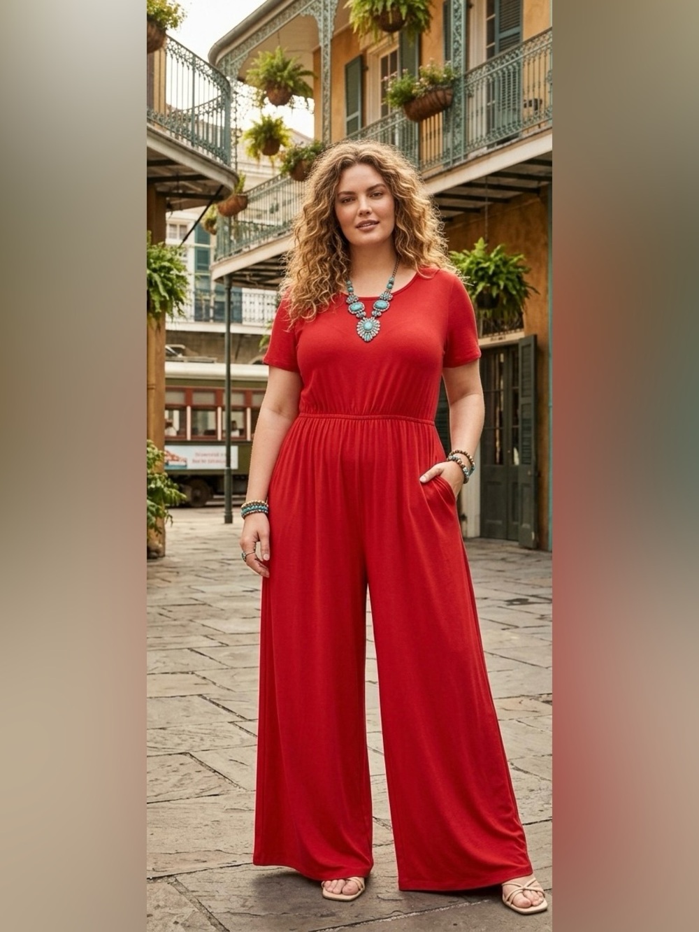 West.k Red Short Sleeve Wide Leg Maxi Jumpsuit Size L NWT